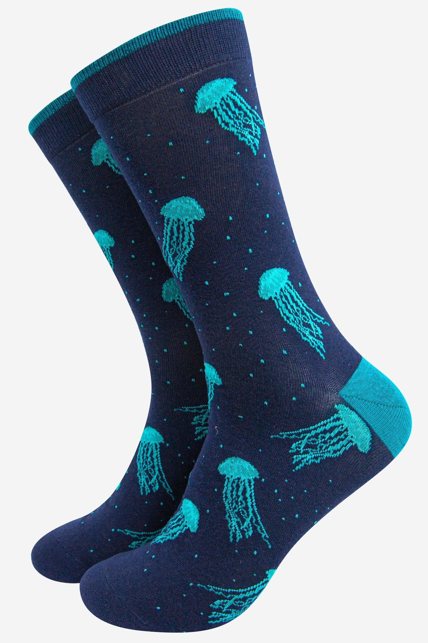 Navy socks with teal jellyfish pattern on a white background