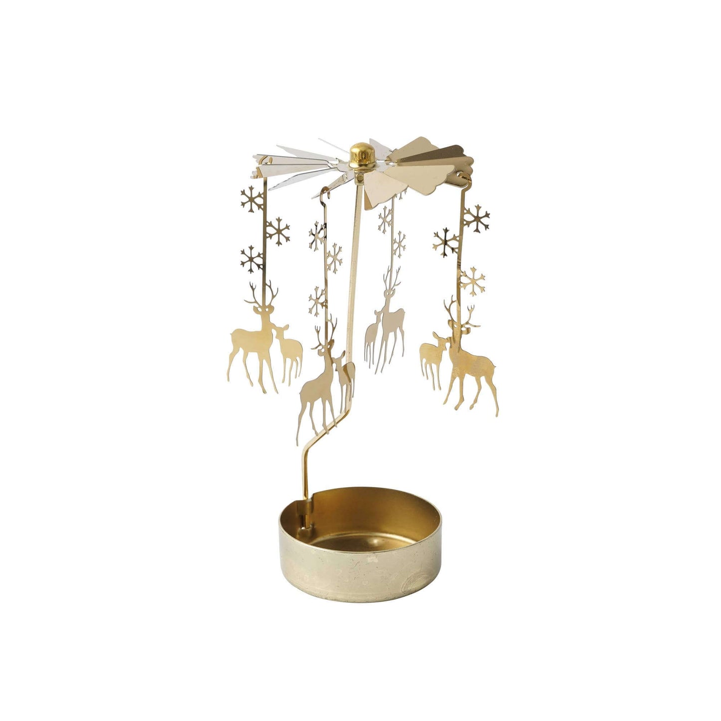 Gold metal Christmas tree with reindeer and snowflake decorations on a white background