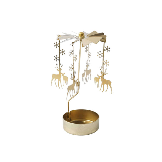 Gold metal Christmas tree with reindeer and snowflake decorations on a white background