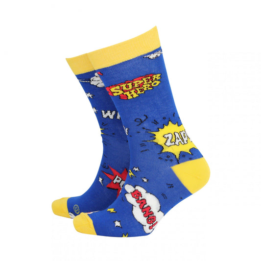 Blue superhero-themed socks with yellow accents on a white background