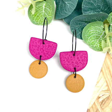 Hot Pink Colour Block Hoop Earrings - Polymer Clay