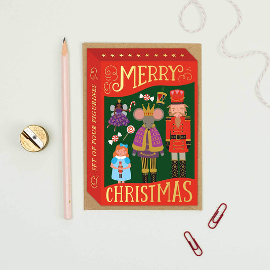Christmas-themed product packaging with illustrations of characters on a red background