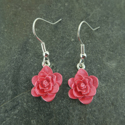 Camellia Pink Flower Drop Hook Earrings