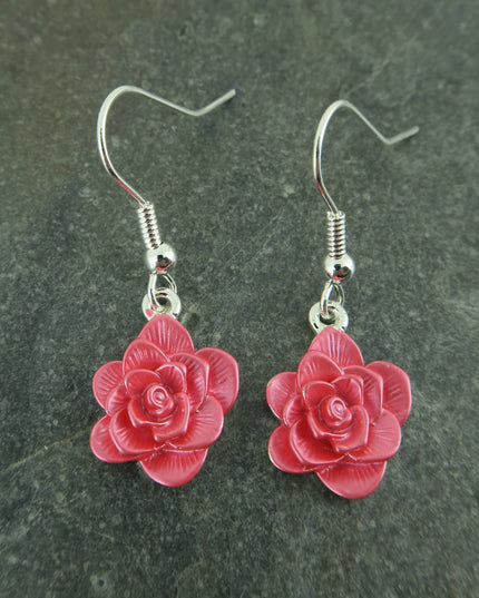 Camellia Pink Flower Drop Hook Earrings