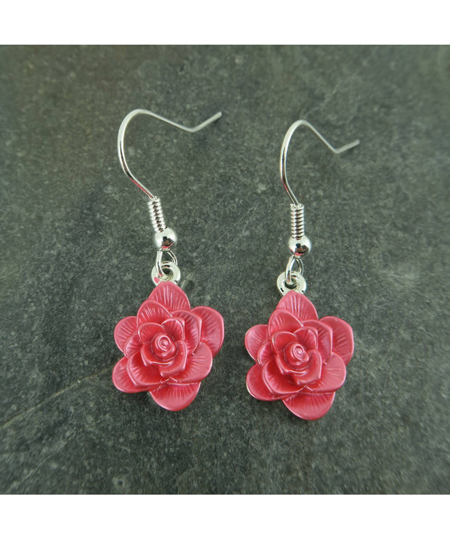 Camellia Pink Flower Drop Hook Earrings