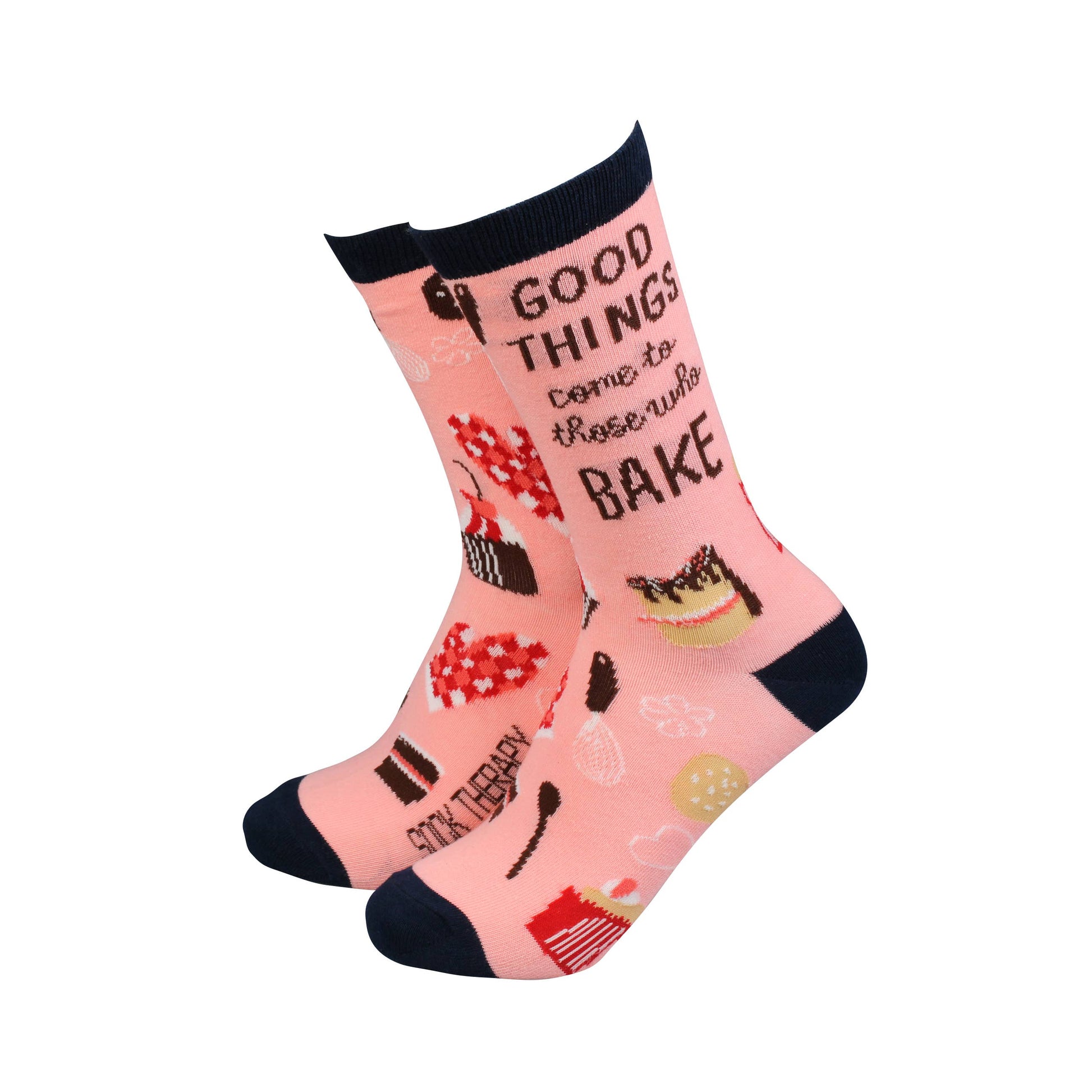 Pink socks with baking-themed design and text on a white background