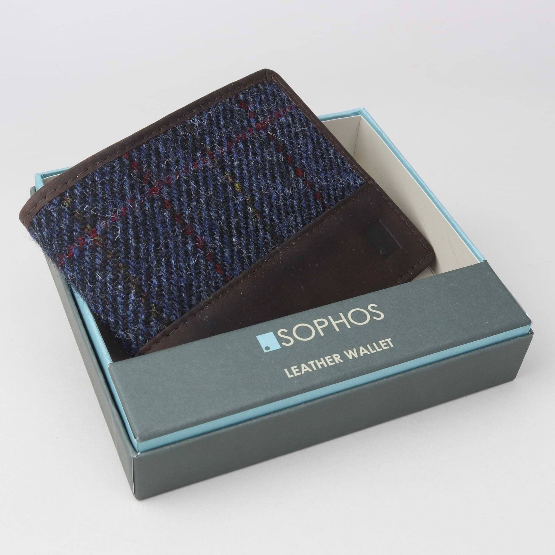Blue and brown checkered leather wallet in a box with 'Sophos' branding.