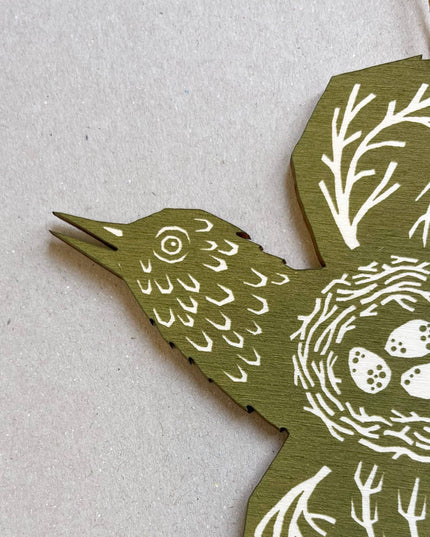 Screenprinted Wooden Decoration - Woodland Bird - Olive Green