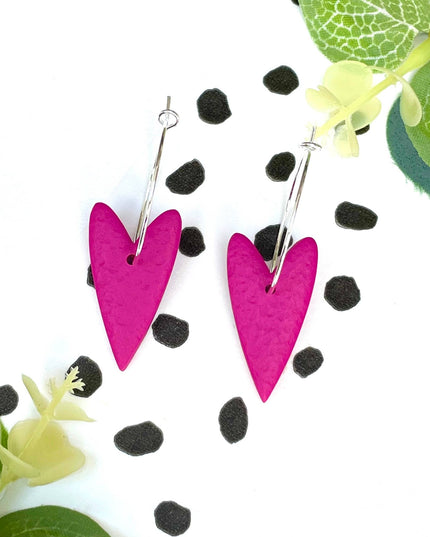 Pink Heart Hoop Earrings - Polymer Clay Silver Colour Hoops