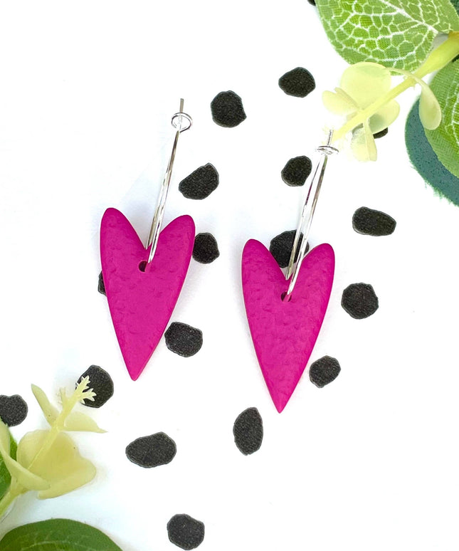 Pink Heart Hoop Earrings - Polymer Clay Silver Colour Hoops