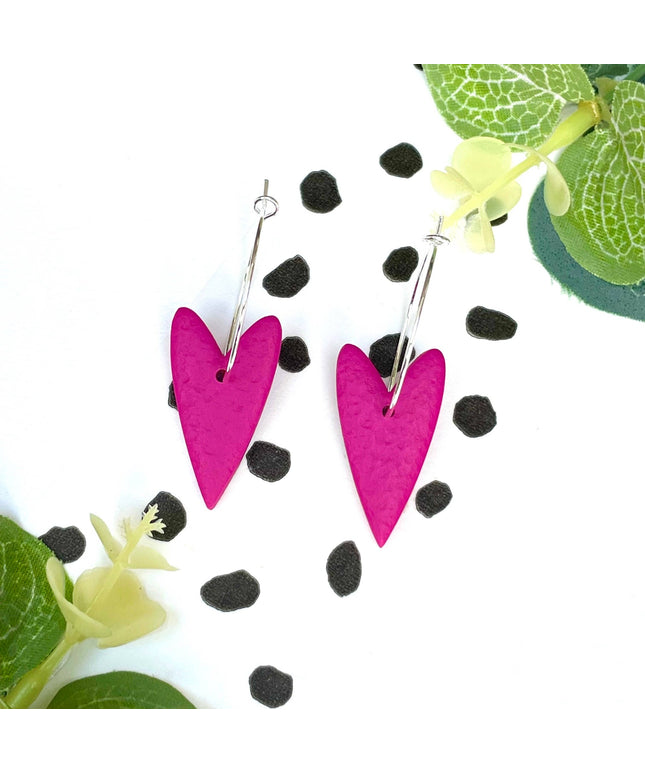 Pink Heart Hoop Earrings - Polymer Clay Silver Colour Hoops