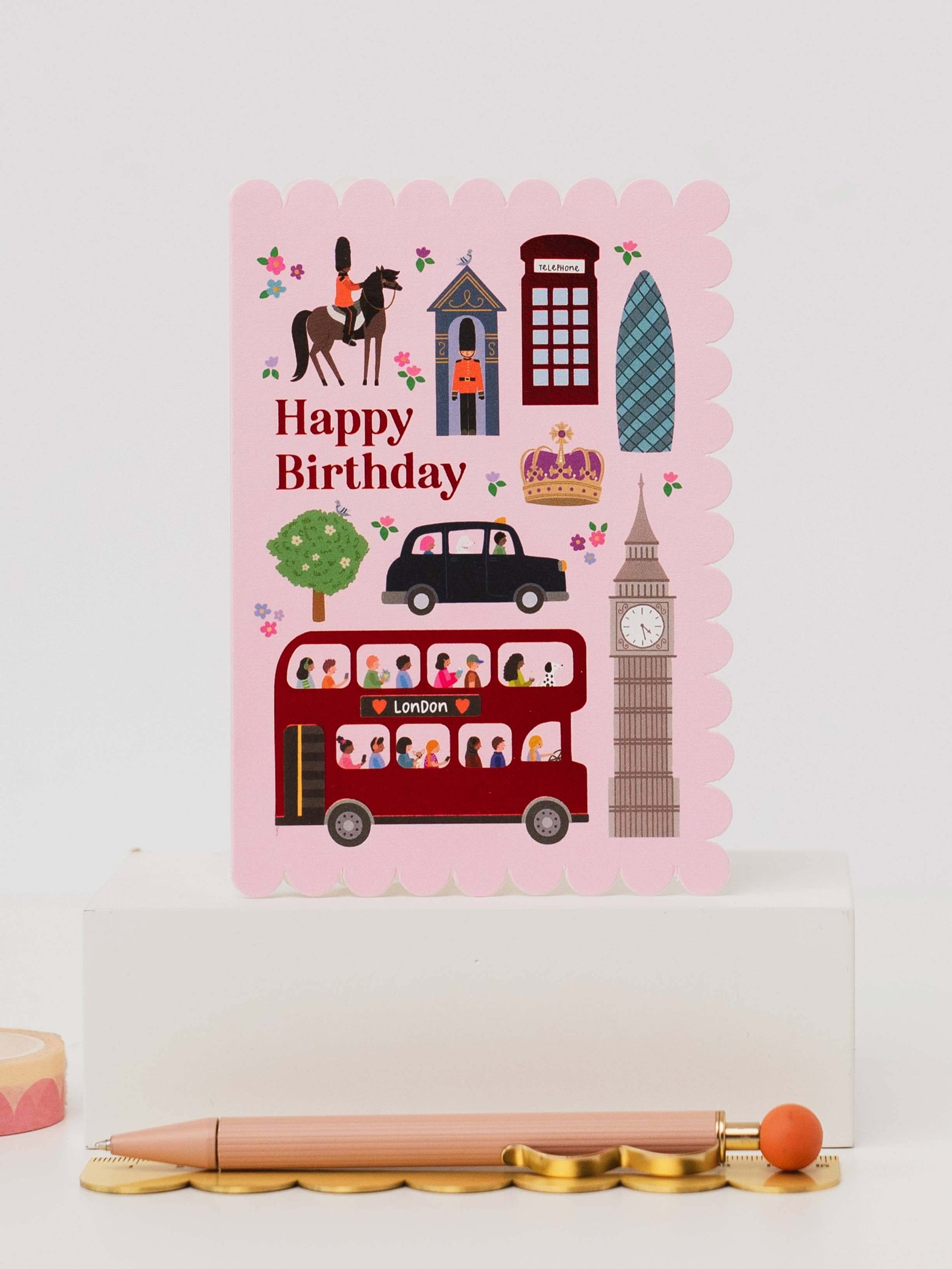 Birthday card with London-themed illustrations on a white background