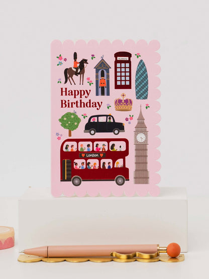 Birthday card with London-themed illustrations on a white background