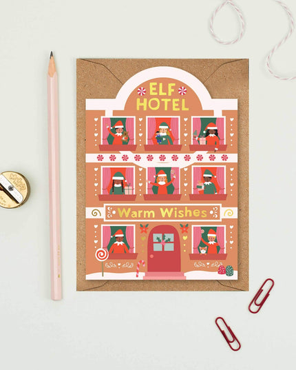 Elf Hotel Gingerbread Christmas Card - Seasonal Card