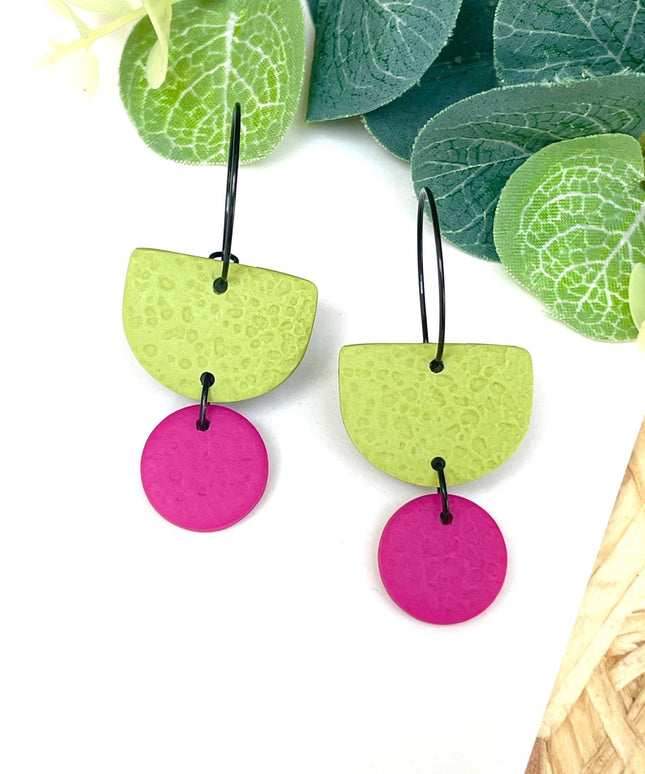 Pistachio Green Colour Block Hoop Earrings - Polymer Clay: Dangle - Lilac / Hoop - Black