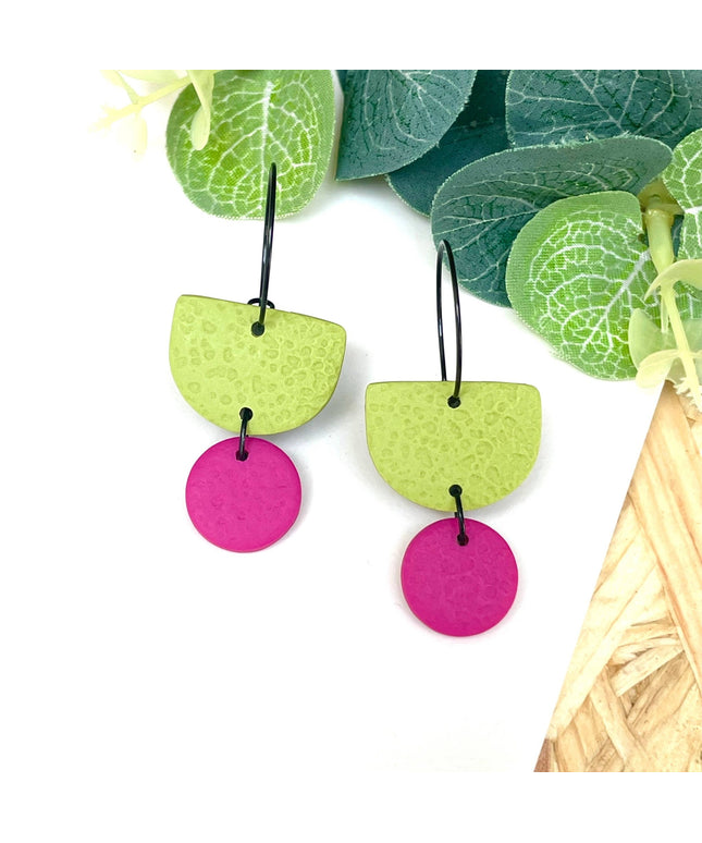 Pistachio Green Colour Block Hoop Earrings - Polymer Clay: Dangle - Lilac / Hoop - Black