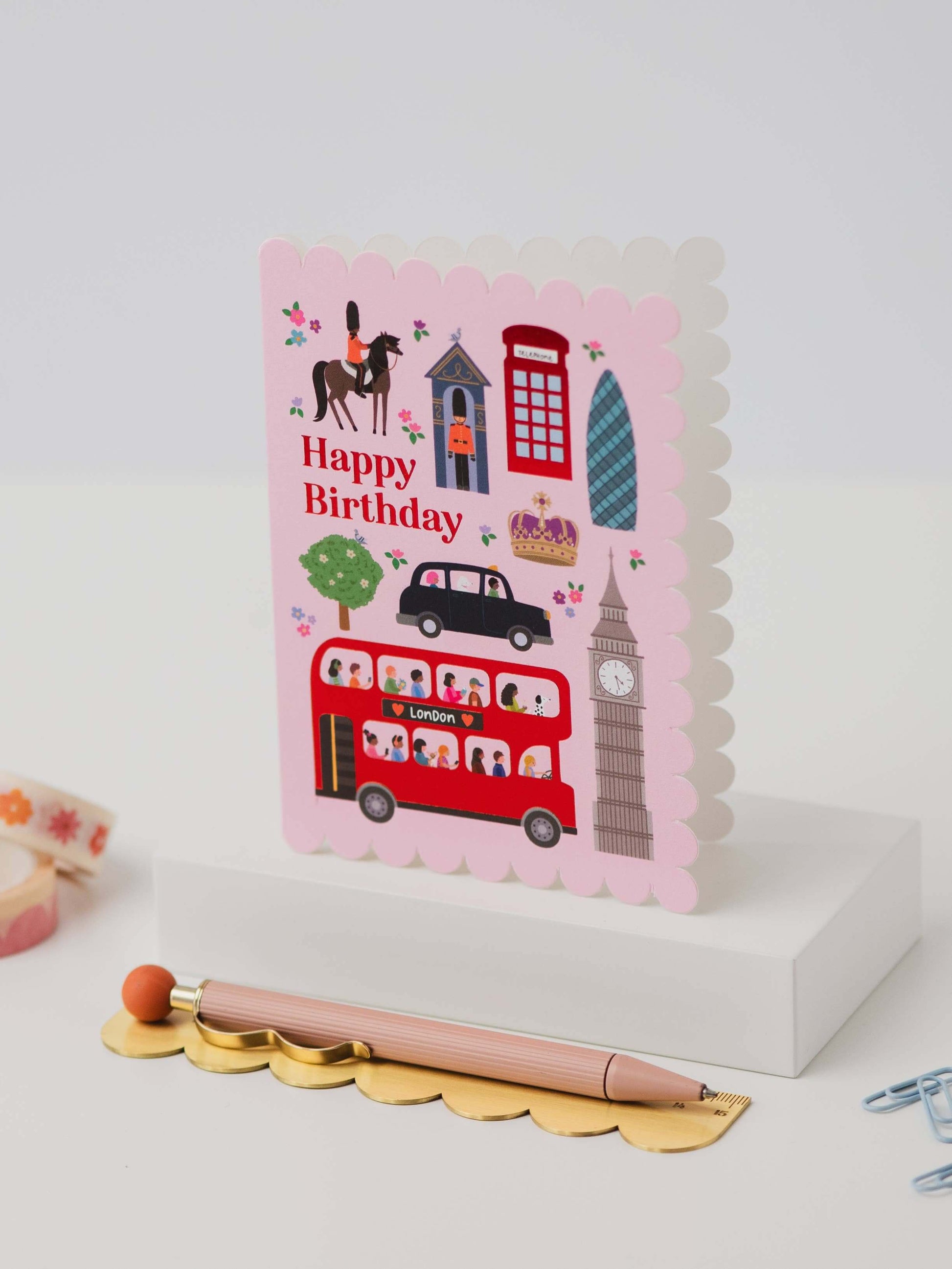 Birthday card with London-themed illustrations on a white background