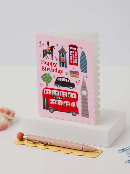 Birthday card with London-themed illustrations on a white background