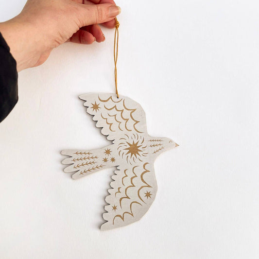 Screenprinted Wooden Decoration - White Bird - The Red Squirrel