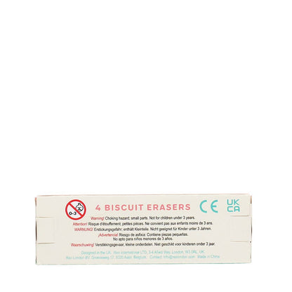 Box of 4 biscuit erasers with warning labels on a white background
