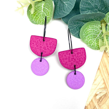 Hot Pink Colour Block Hoop Earrings - Polymer Clay Dangle - Lilac Hoop - Black