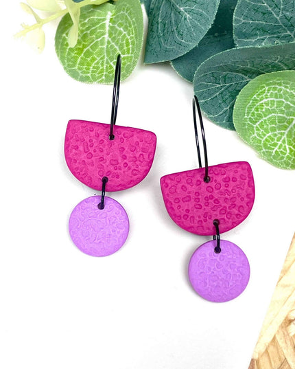 Hot Pink Colour Block Hoop Earrings - Polymer Clay Dangle - Lilac Hoop - Black