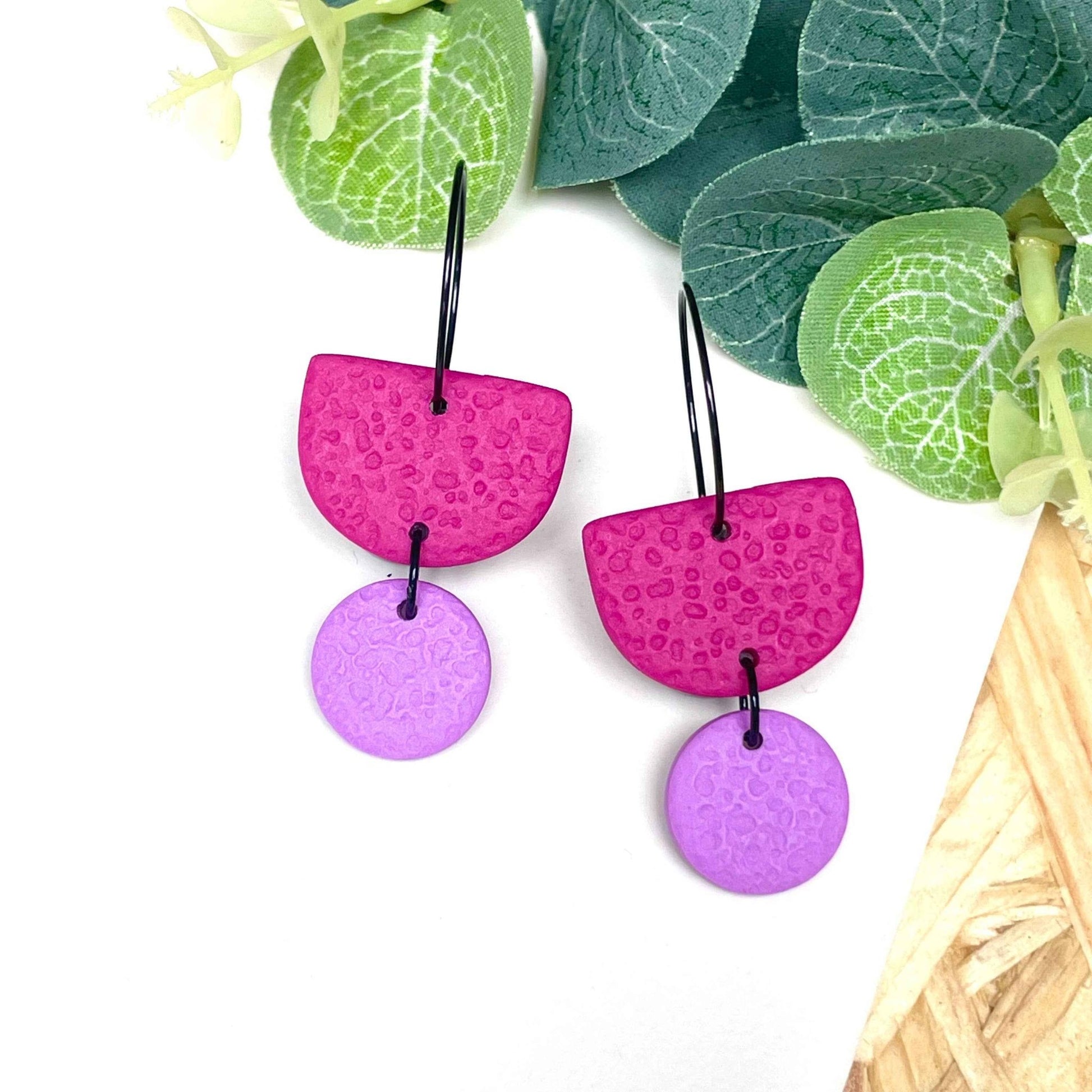 Hot Pink Colour Block Hoop Earrings - Polymer Clay - The Red Squirrel