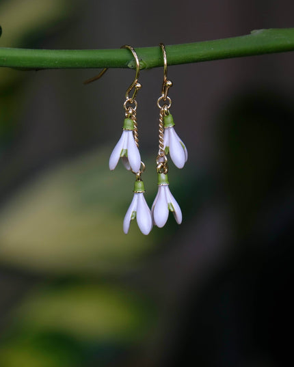 Snowdrop White Flower Gold Plated Drop Hook Earrings