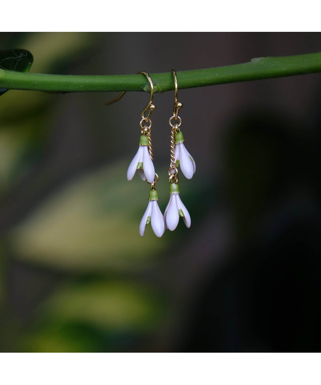 Snowdrop White Flower Gold Plated Drop Hook Earrings