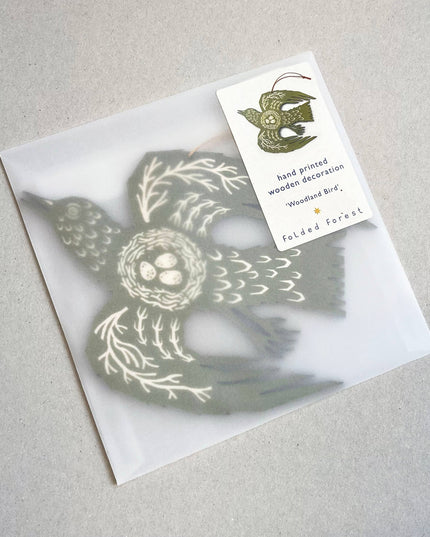 Screenprinted Wooden Decoration - Woodland Bird - Olive Green