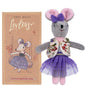 Stuffed mouse toy with a purple bow and dress next to its packaging