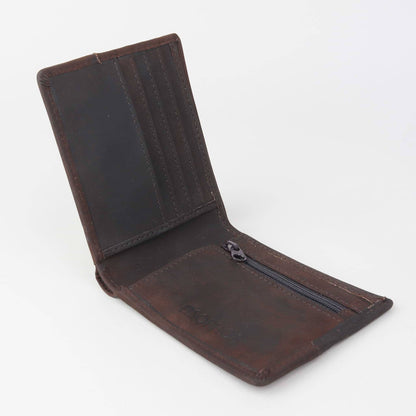 Brown leather wallet open on a white background