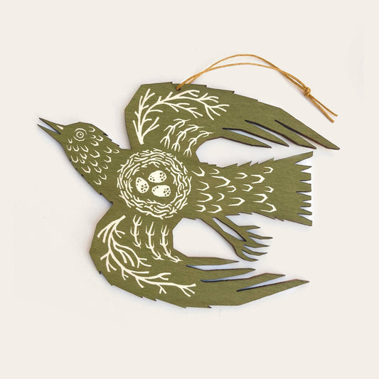 Screenprinted Wooden Decoration - Woodland Bird - Olive Green - The Red Squirrel