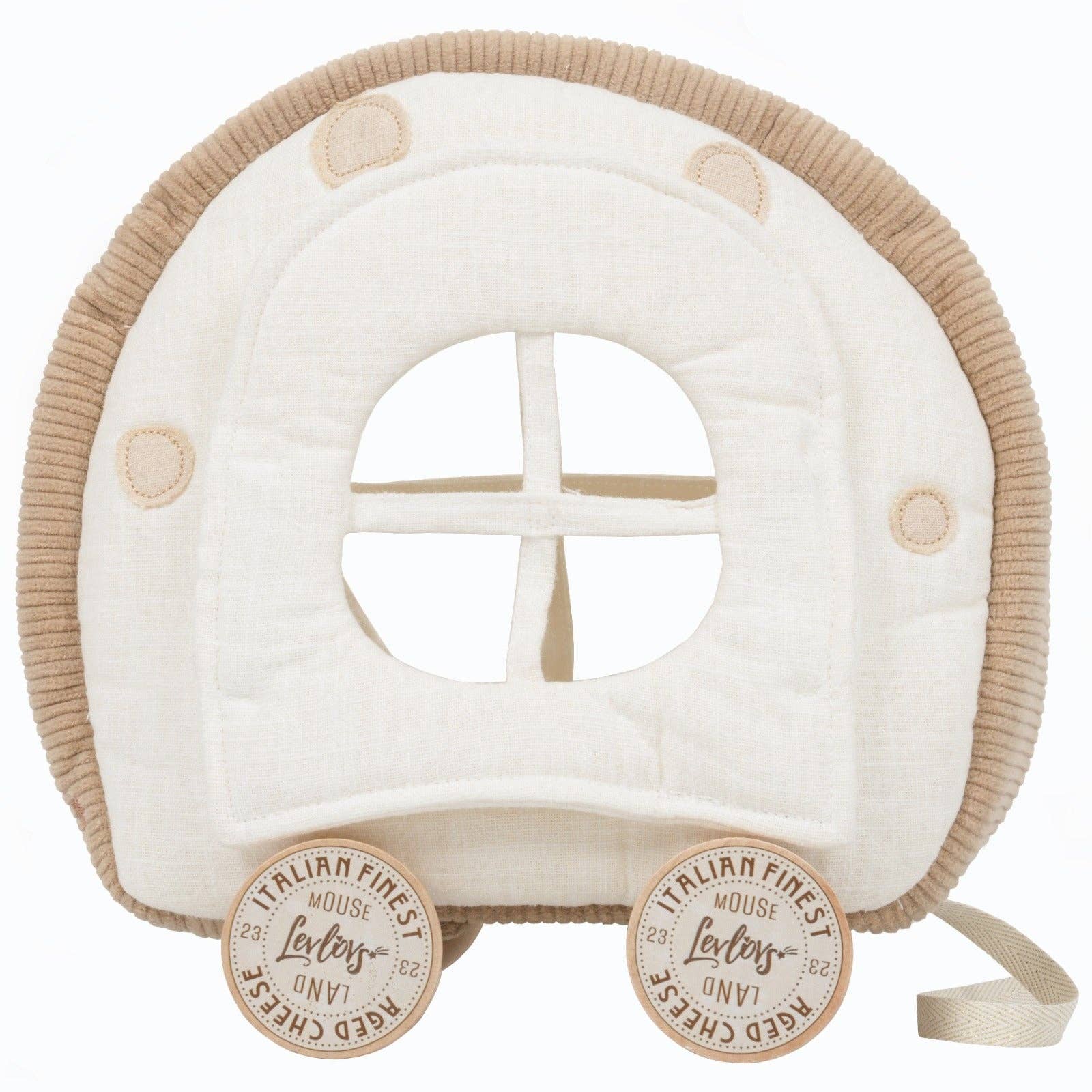 Children's toy with a white cushioned top and brown trim, featuring wheels with 'Italian Finest Mouse Lovers' branding on a white background.