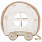 Children's toy with a white cushioned top and brown trim, featuring wheels with 'Italian Finest Mouse Lovers' branding on a white background.