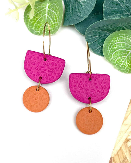 Hot Pink Colour Block Hoop Earrings - Polymer Clay
