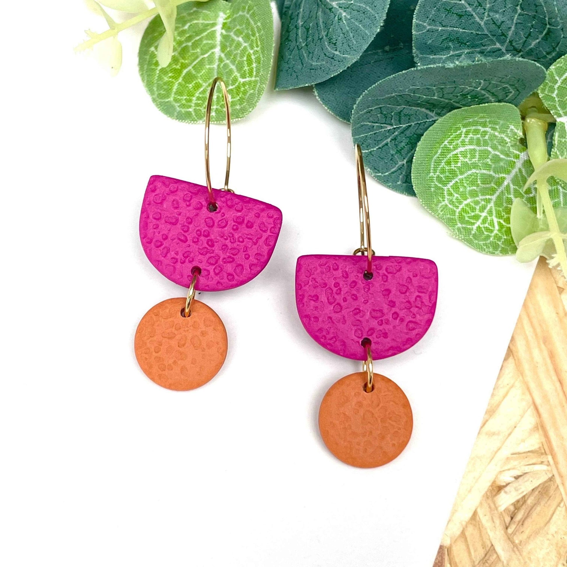 Hot Pink Colour Block Hoop Earrings - Polymer Clay - The Red Squirrel