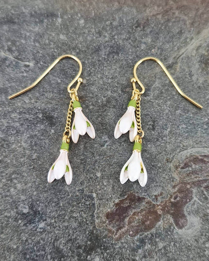 Snowdrop White Flower Gold Plated Drop Hook Earrings