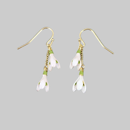 Snowdrop White Flower Gold Plated Drop Hook Earrings
