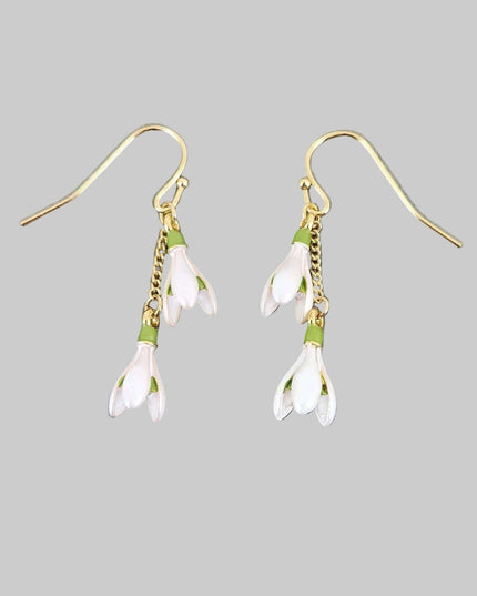 Snowdrop White Flower Gold Plated Drop Hook Earrings