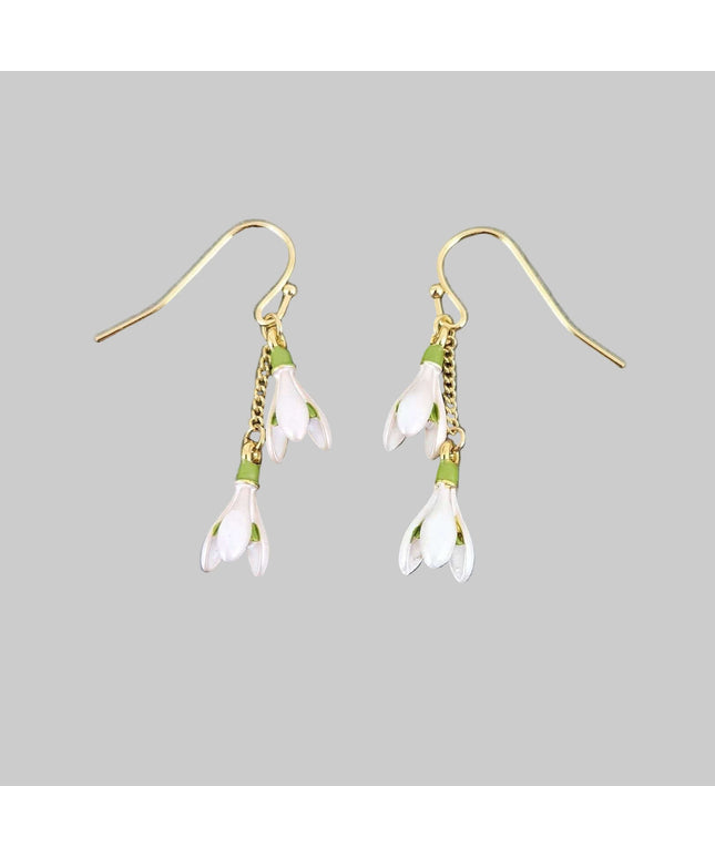 Snowdrop White Flower Gold Plated Drop Hook Earrings