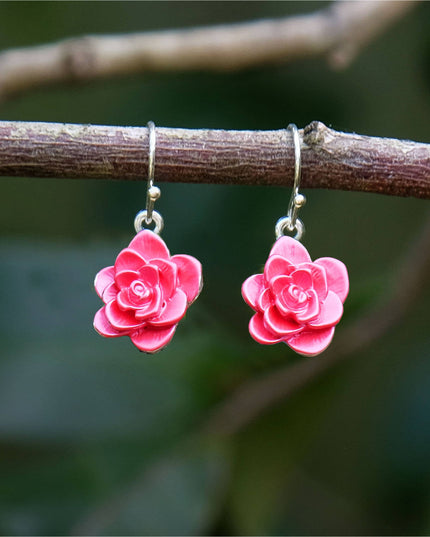 Camellia Pink Flower Drop Hook Earrings