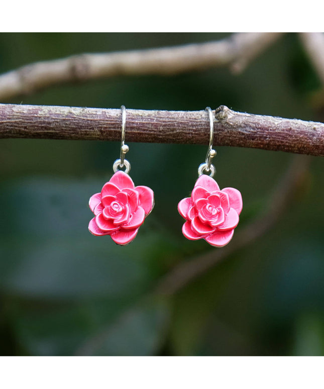 Camellia Pink Flower Drop Hook Earrings