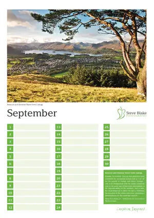Calendar page for September with a scenic landscape of a lake and trees.