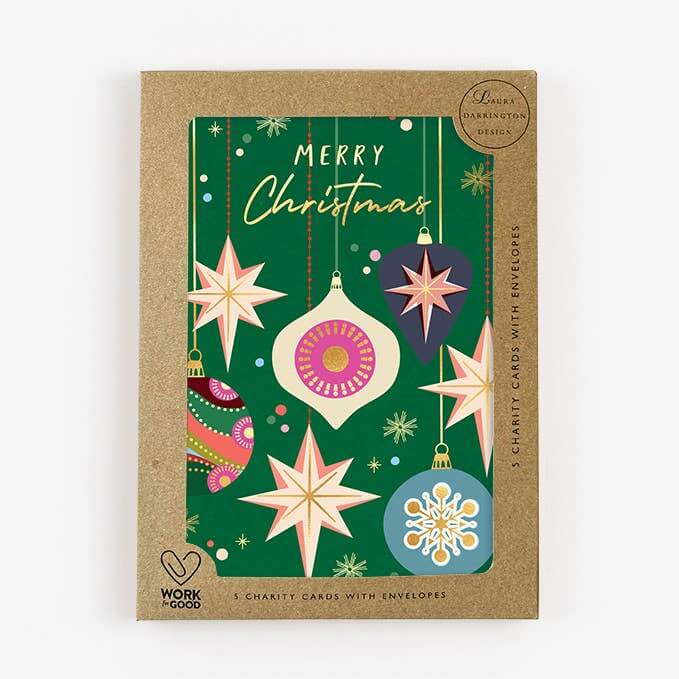 Pack of Christmas cards with decorative ornaments on a green background