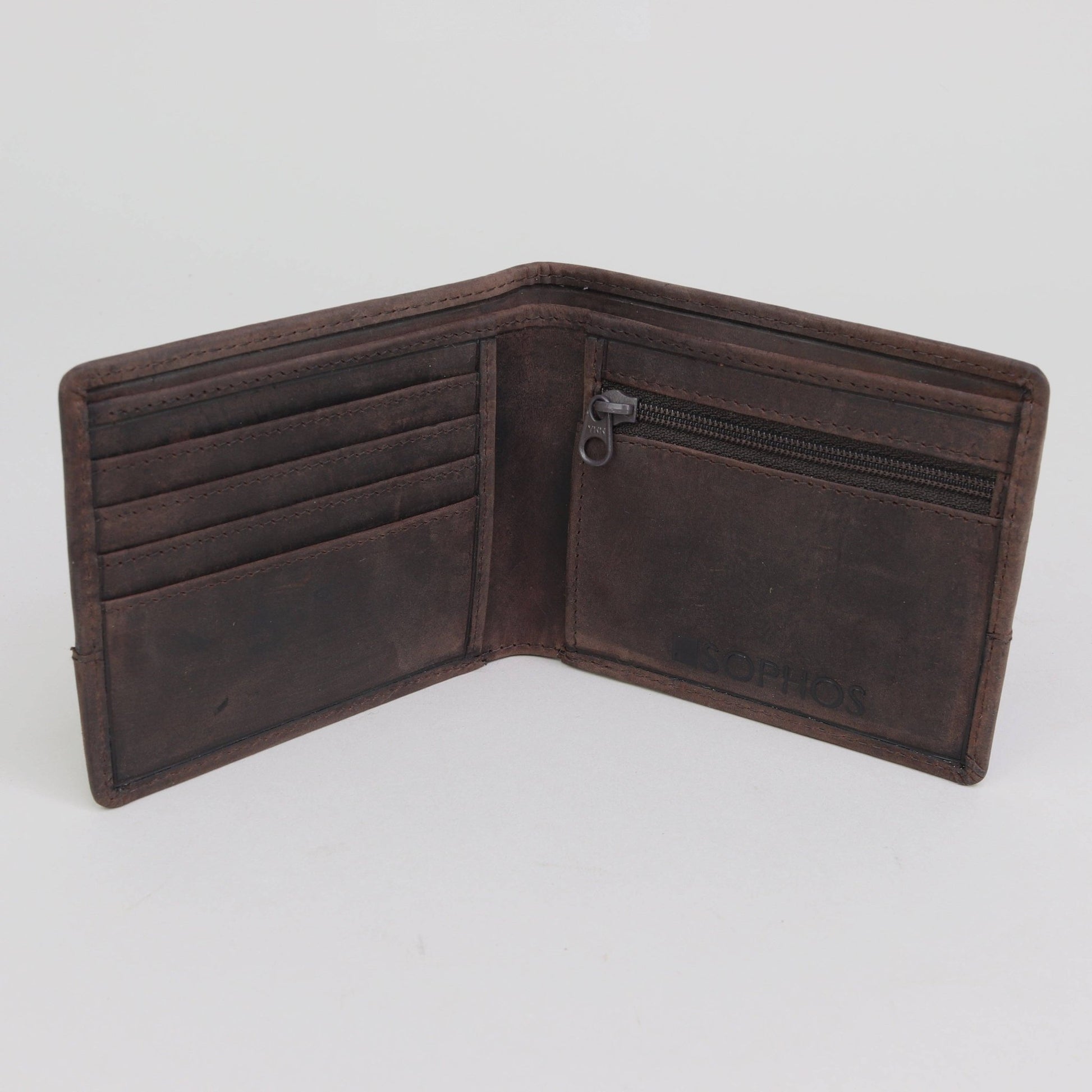 Brown leather wallet with a zipper on a light gray background