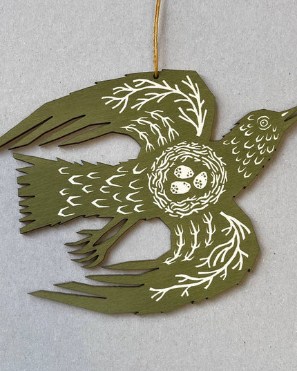 Screenprinted Wooden Decoration - Woodland Bird - Olive Green