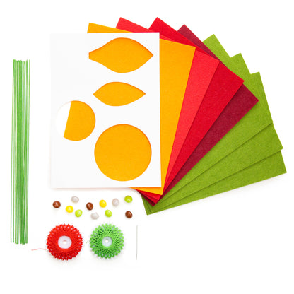 Crafter's felt flower bouquet kit with colorful felt sheets, flower templates, wire stems, buttons, and thread.