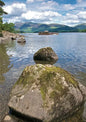 Steve Blake Photography Greetings Cards featuring a scenic view of the Lake District with rocks and a boat.
