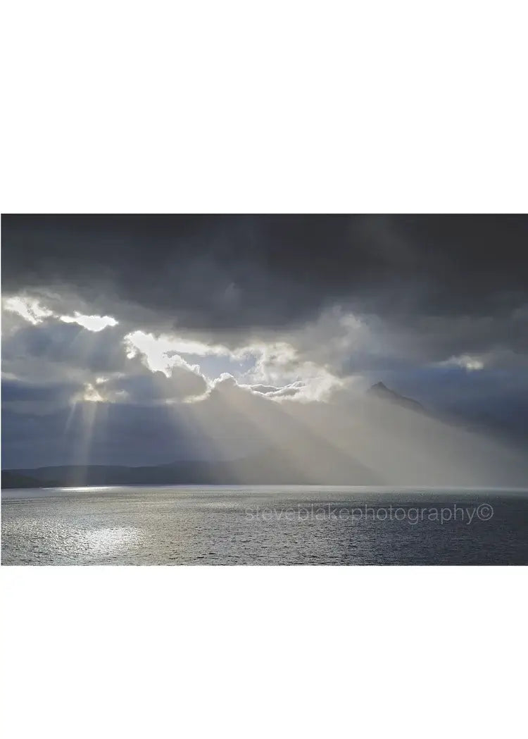 Steve Blake Photography Greetings Cards featuring serene Lake District landscape with dramatic sunlight and clouds.